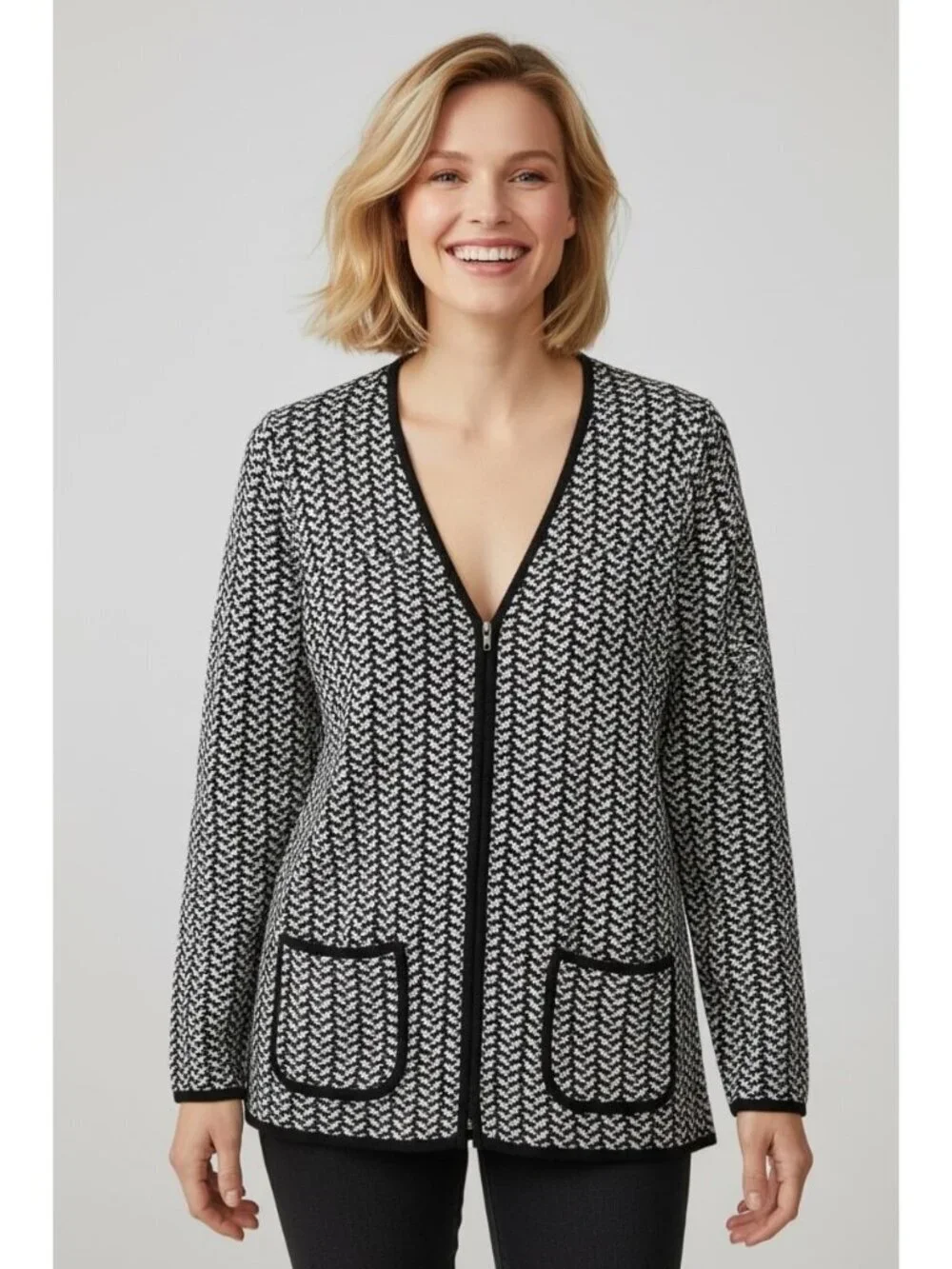 Misook Black White Chevron Knit Jacket Petite Zip Front Cardigan XSP
